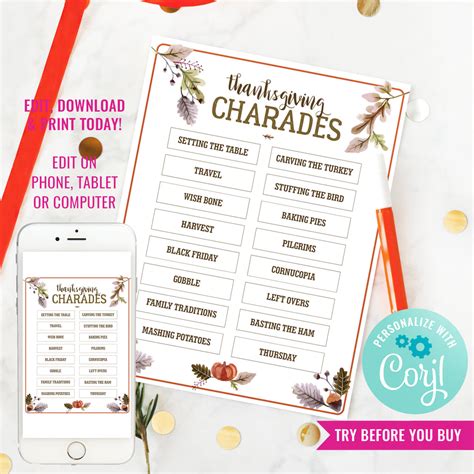 Printable Thanksgiving Charades Game | Printable Thanksgiving Dinner G ...