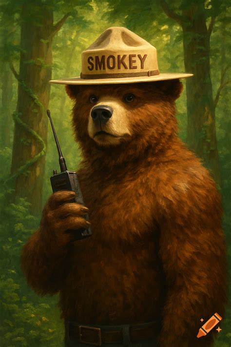 Smokey the Bear in a ranger hat with "SMOKEY" on it, holding a two-way ...