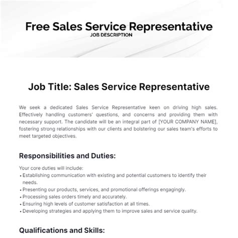 Free Sales Service Representative Job Description Template to Edit Online