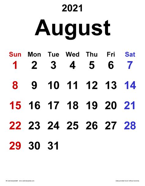 August 2021 Calendar | Templates for PDF, Excel and Word
