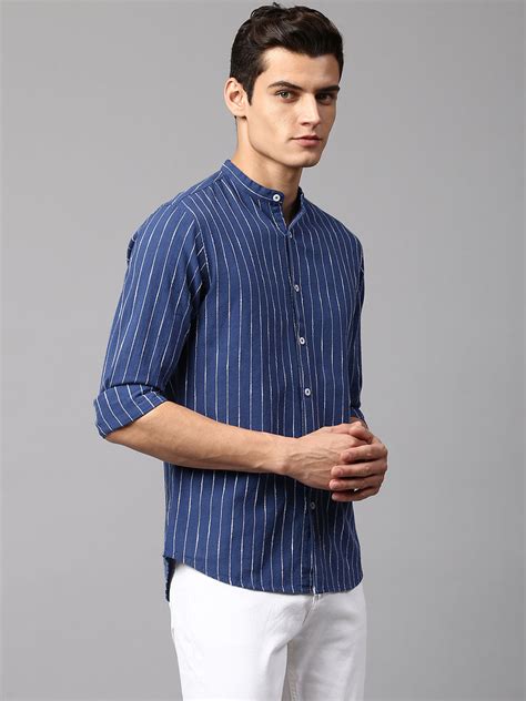 Men's Striped Blue Slim Fit Casual Shirt Mandarin Collar – DENNIS LINGO