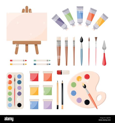 Painting tools, art supplies set. Paints, canvas, paint tubes, brushes ...