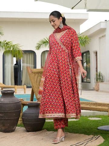 Red Floral Printed Round Neck Pure Cotton Anarkali Kurta With Trousers