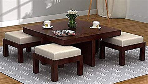 JGS Sheesham Wood Square Coffee Table with 4 Cushioned Stools for Home ...