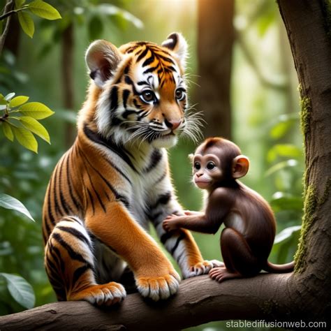 Tiger Nurturing Baby Monkey in Forest | Stable Diffusion Online