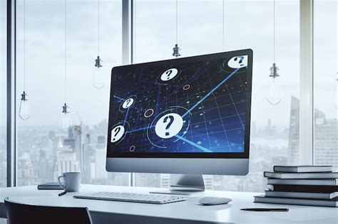 Creative abstract question mark hologram on modern computer monitor ...