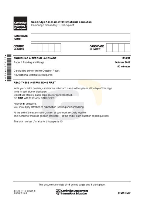 Cambridge Secondary 1 Checkpoint ESL Paper 1 Reading & Usage Oct 2019 ...
