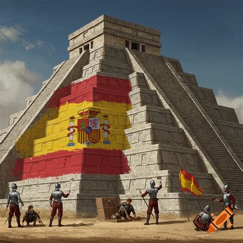 Spanish conquistadors painting a large Spanish flag onto an ancient ...