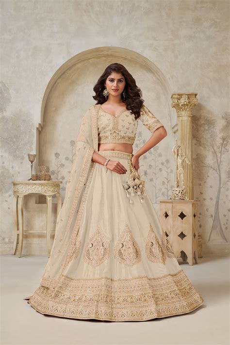 Beige Silk with Leaf Embroidery & Peacock Motifs Wedding Guest Lehenga ...