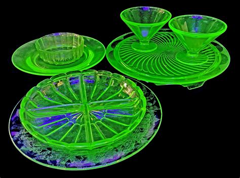 Lot - (7pc) Vintage Uranium Glass Servingware