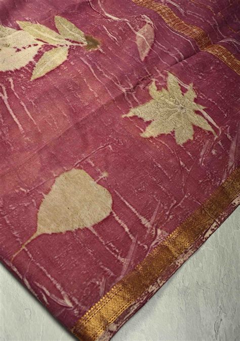Mauve Eco print on Chanderi Silk Saree with Leaf Buttas and Minimal Za ...