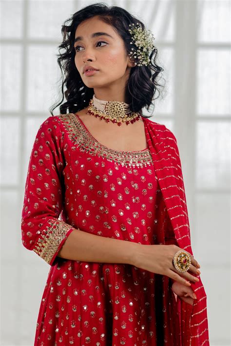 Cherry Red Printed And Embroidered Anarkali Set – Ivory by Dipika