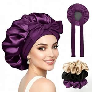 Atrube Satin Silk Bonnet for Sleeping with 3 Scrunchies, Adjustable ...