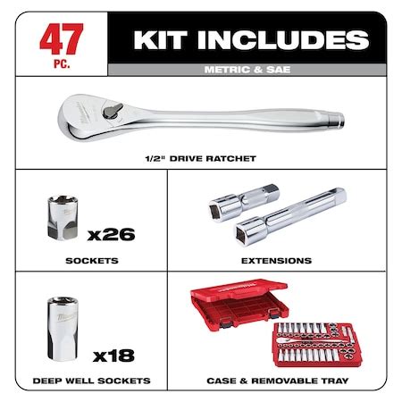 MILWAUKEE 47pc 1/2" Drive Metric & SAE Ratchet and Socket Set w/FOUR ...