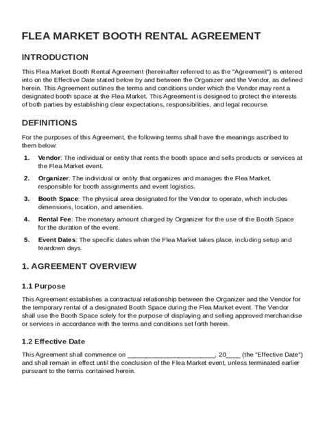 Flea Market Booth Rental Agreement Template Form - Fill Online ...