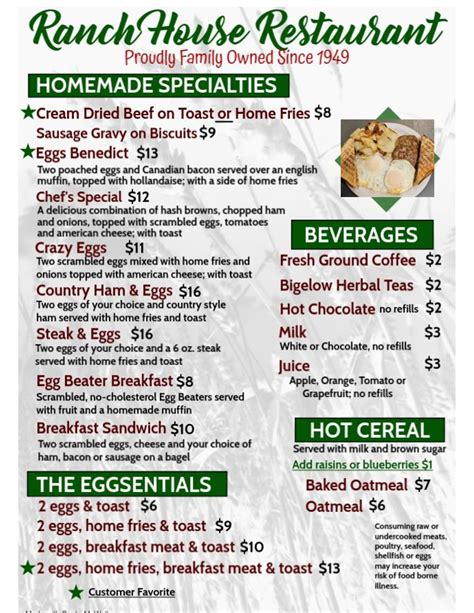 Ranch House Menu - Ranch House Restaurant