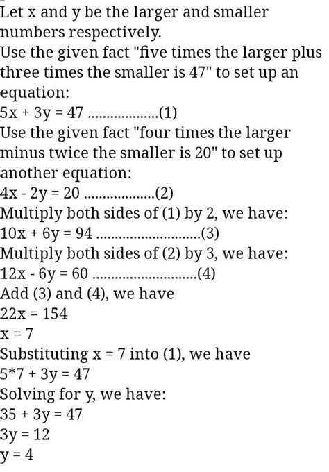 find two numbers of such that five times the larger number plus twice ...