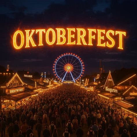 Epic night view of Oktoberfest festival, thousands of glowing lights ...