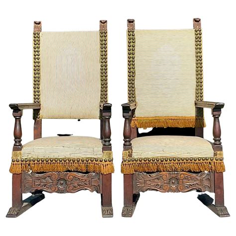 Vintage Boho Carved Spanish Ticking Stripe Chairs - a Pair at 1stDibs