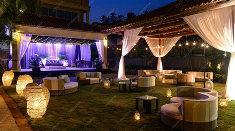 Hotel outdoor event space featuring stage setup and elegant seating ...