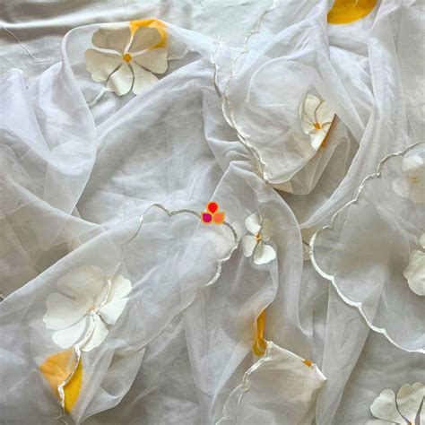 White and Yellow Floral Hand Painted Organza Dupatta – anokherang