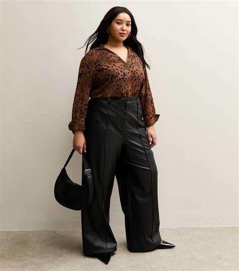 Curves Black Wide Leg Faux Leather Trousers | New Look