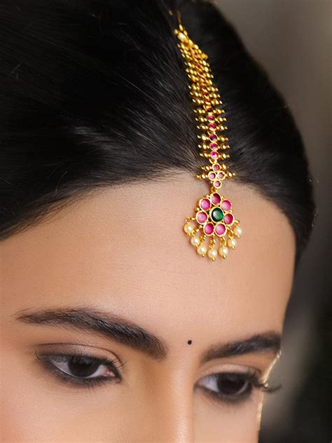 Ruby Pink Pearl Drop Golden Maang Tikka – Rubans