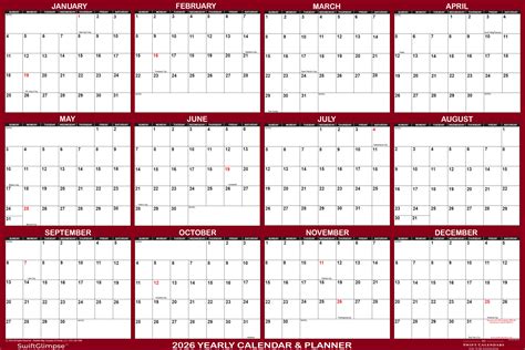 2026 Wall Calendar Jumbo 36″ x 54″ Maroon SwiftGlimpse