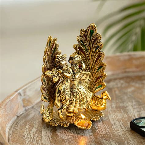 'Radha-Krishna & Peacock' Idol Showpiece Figurine with Diya (1 Wick, 1 ...