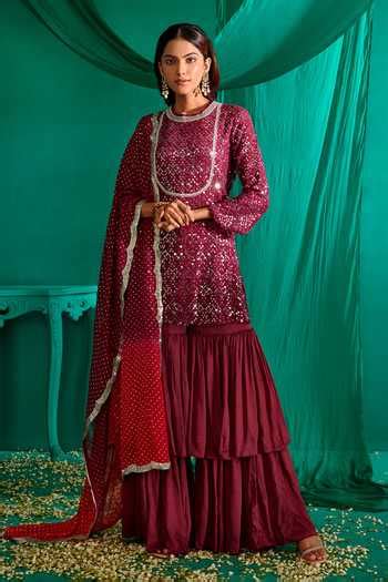 Buy Purple Georgette, Satin Sequins, Embroidery Round Neck Short Kurta ...