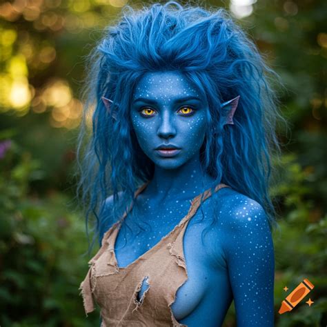 Close-up photorealistic portrait of a blue-skinned fantasy creature ...
