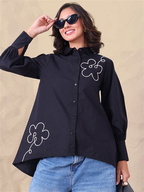 Black High Low Pure Cotton Embroidered Women Shirt