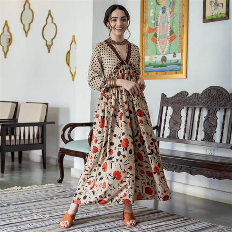 Buy Beige Blossom V Neck Cotton Alia Cut Dress | Rustorange