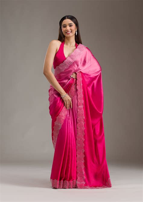 Buy Rani Pink Swarovski Satin Saree - Koskii