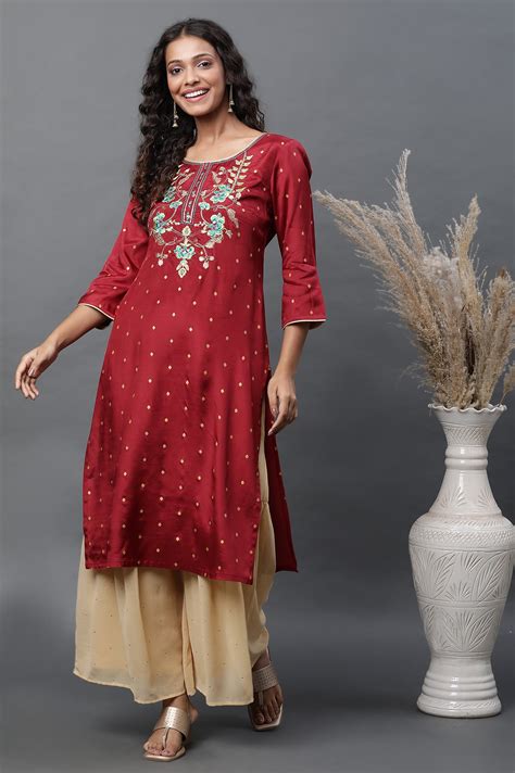 Buy Red Polka Dot Embroidered Straight Shantung Kurta Online for Woman ...