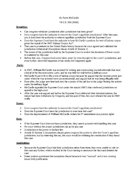 Briefing Memo 1-2 - Ex Parte McCardle 74 U. 506 (1869) Broadline: Can ...