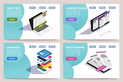 Foreign language learning concept 4 isometric web pages set | Free Vector
