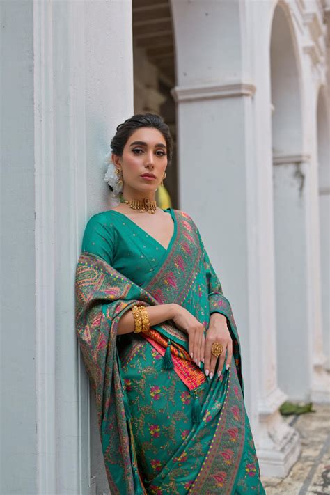 Deep Teal Pashmina Silk Saree | Zari Work – Kalyanja