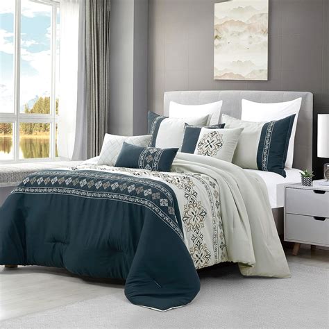 ESCA 7-Piece Levana Teal & Gray Embroidery Comforter Bedding Set - OEKO-TEX Standard 100 ...