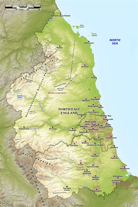 Blue Green Atlas - Free relief map of England - North East England
