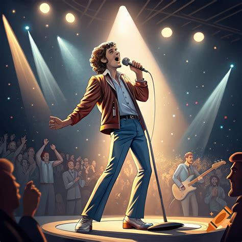 Stylized illustration of a singer performing on stage under bright lights in front of an ...