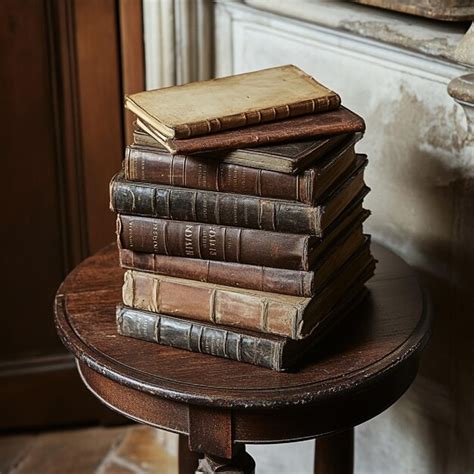 A heap of old cowhide bound books on a side table | Premium AI ...