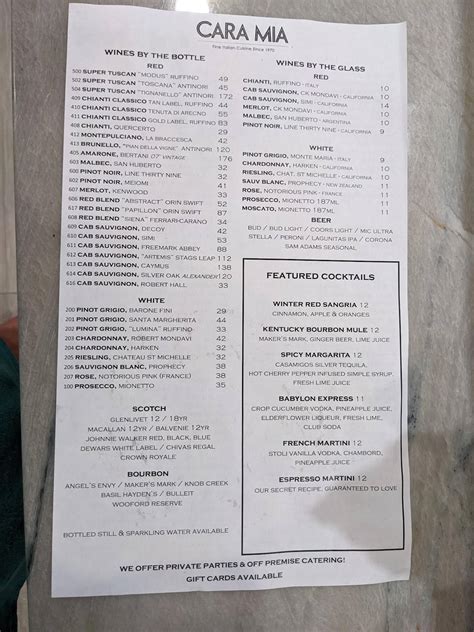 Menu at Cara Mia restaurant, Seaford, Merrick Rd