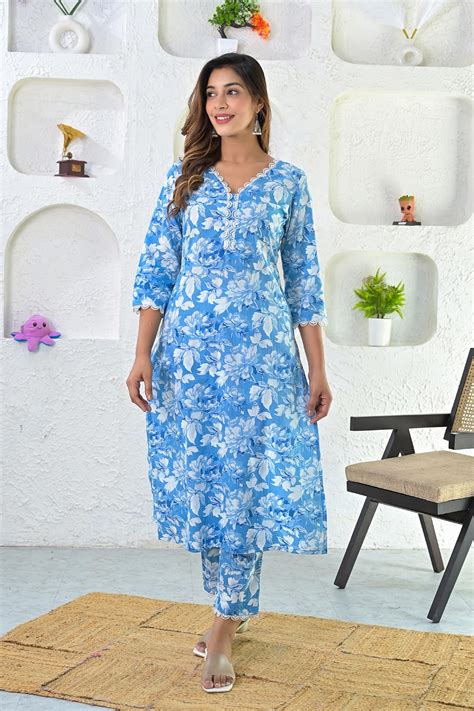 White Blue Printed Cotton Kurta with Pants - Set of 2 – Bada Boota