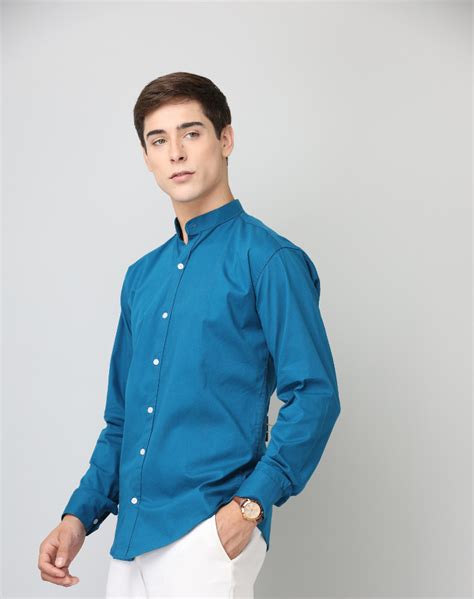 Chinese Collar Peacocke Blue Solid Tailored Fit Cotton Casual Shirt fo ...