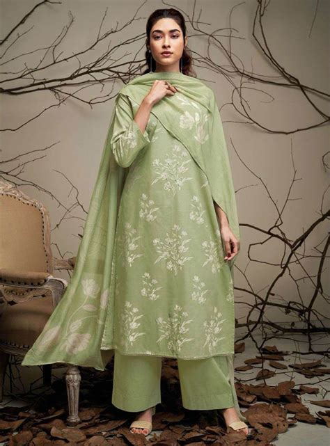 Ganga Pure Cotton Green Printed Ladies Unstitched Suit Dress Material ...