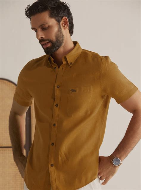 Buy Cheddar Linen Shirt | Casual Mustard Solid Shirt for Men Online ...