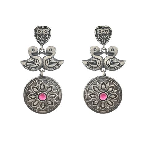 Antique Elegance Bird Motifs Gems Adorned Brass Silver Plated Drop Ear ...