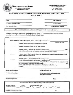 Fillable Online registrar nsula Reservist and National Guard ...