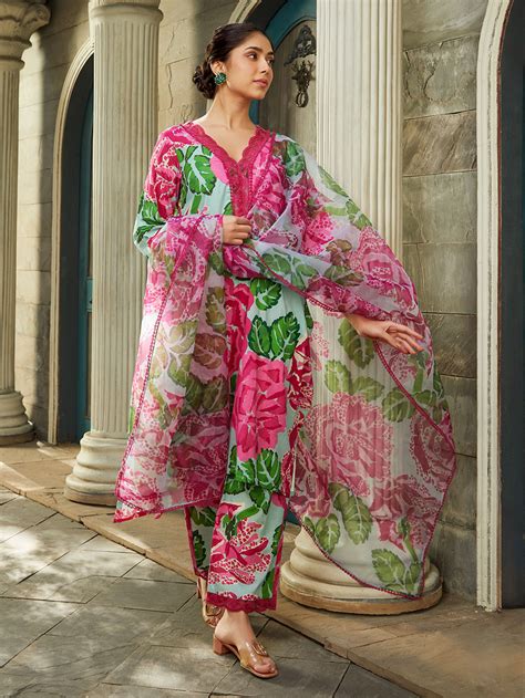 Powder Blue Pink Printed Cotton Kurta with Pants- Set of 2